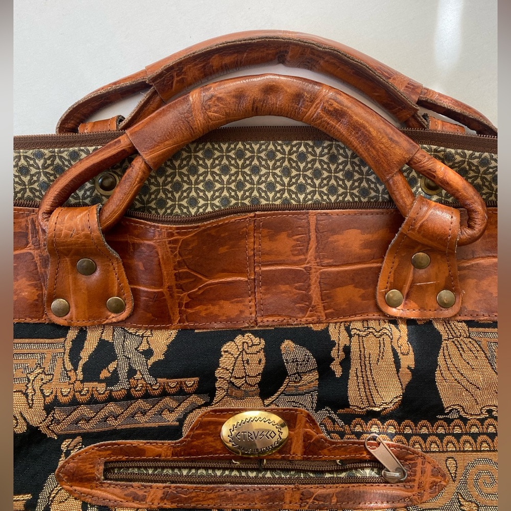 Woven Tapestry Shoulder Bag with Brown Leather Trim - Picture 3 of 16